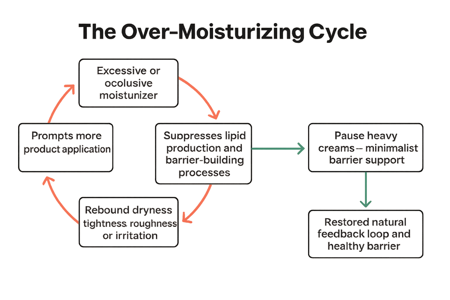 Flowchart demonstrating how over-moisturizing suppresses the skin’s natural regulatory mechanisms leading to increased TEWL and a rebound dryness cycle.