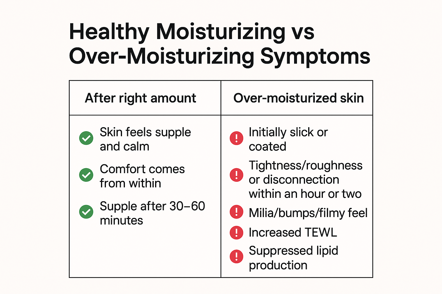 Comparison table of symptoms showing healthy moisturizing produces skin that feels calm from within while over-moisturizing produces tightness and rebound dryness within hours.