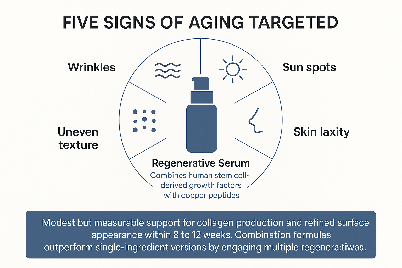 Infographic listing the exact five signs of aging targeted by the serum with combination growth factors and copper peptides