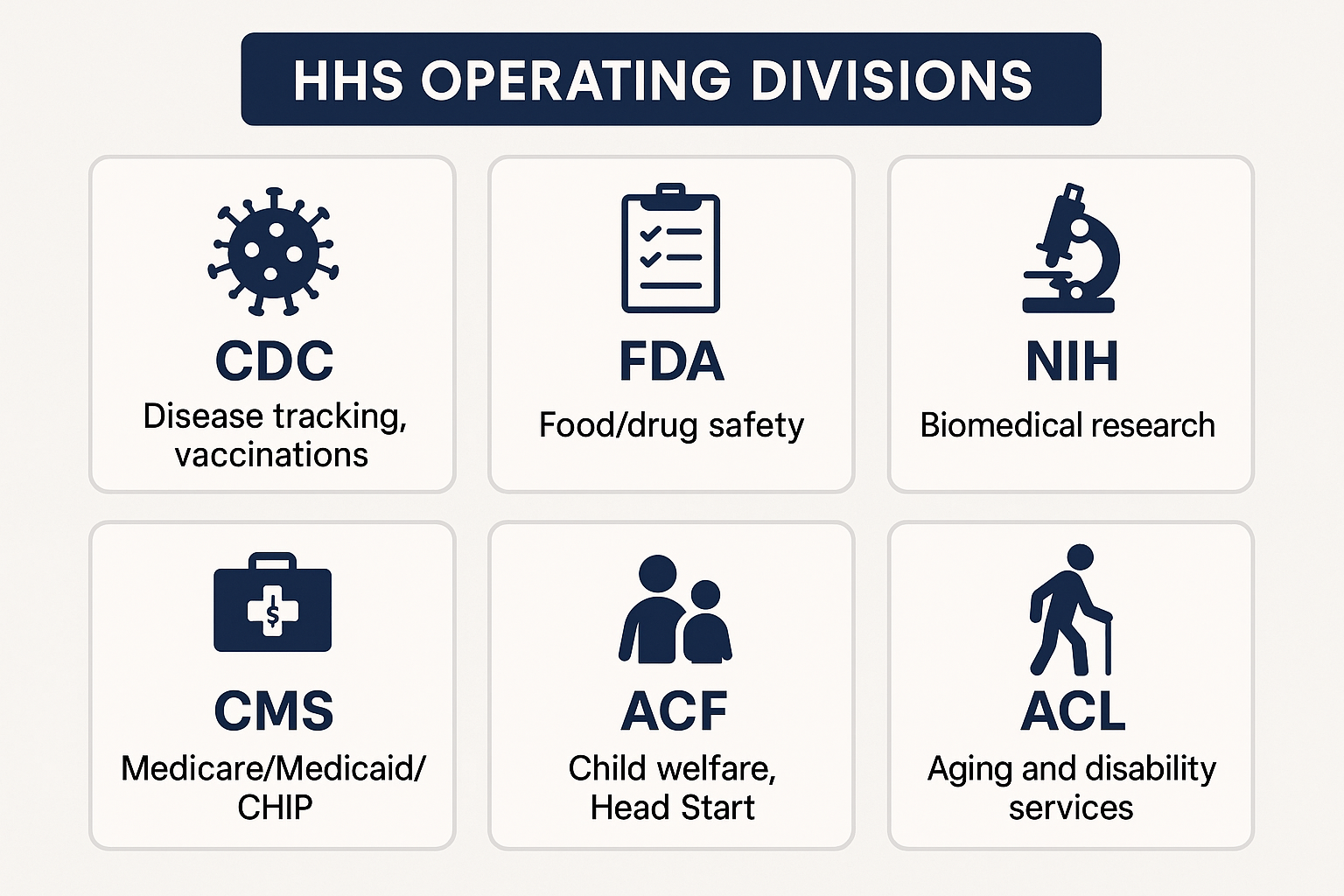 Infographic listing key federal HHS agencies and their primary responsibilities