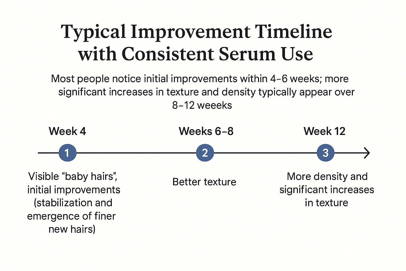 Timeline showing baby hairs at week 4, better texture by weeks 6-8, and increased density by week 12