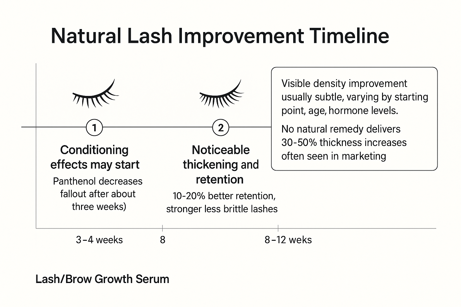 Timeline showing conditioning begins at 3-4 weeks and 10-20% better lash retention appears at 8-12 weeks using natural methods