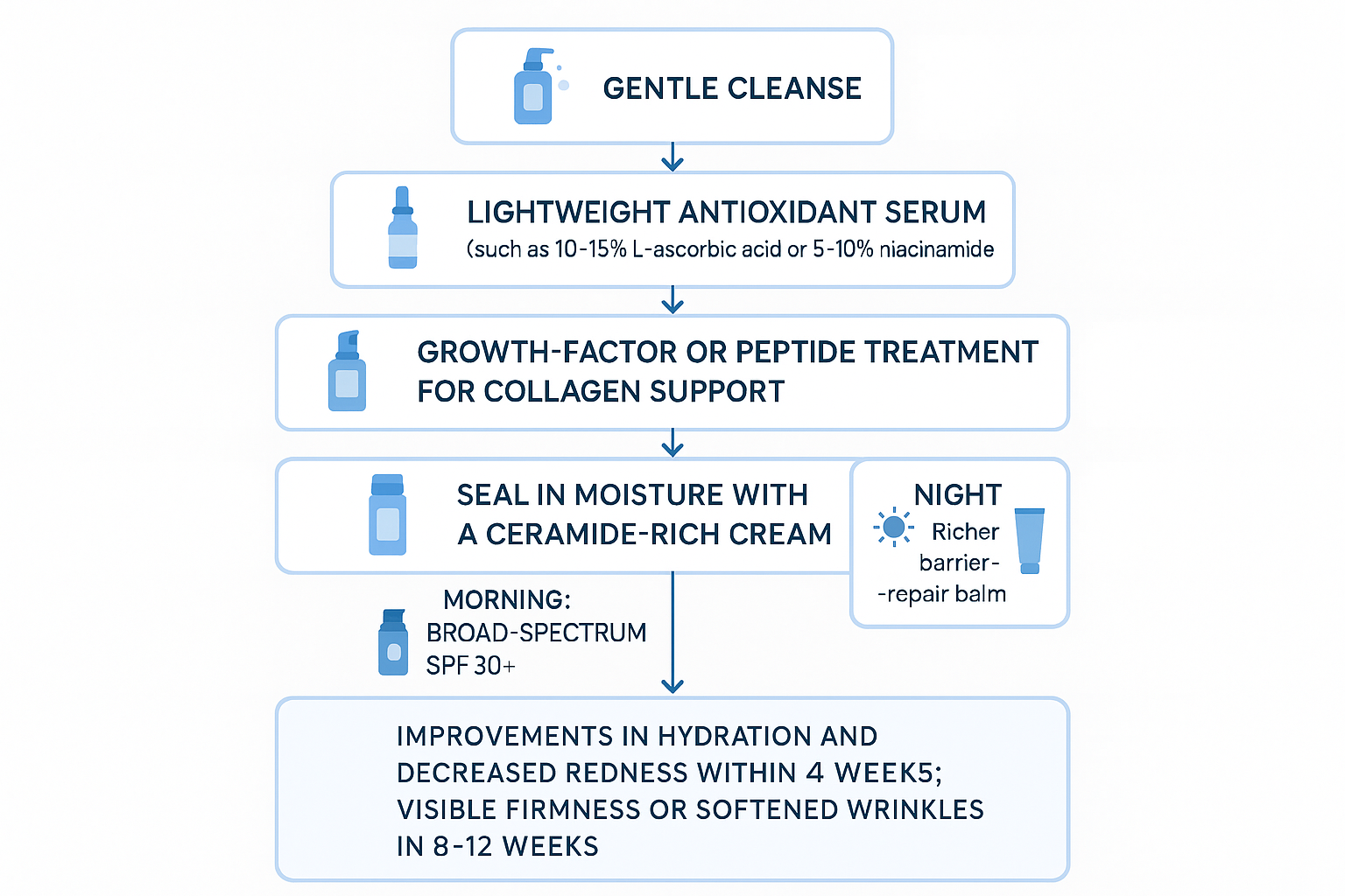 Flowchart displaying the exact morning and night skincare layering steps for maintaining youthful skin