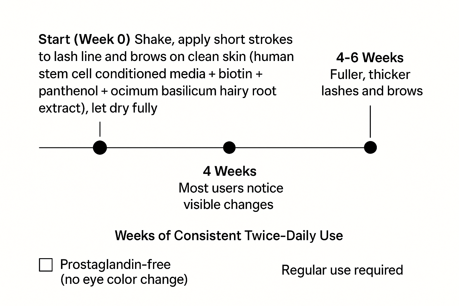 Timeline showing visible changes in 4 weeks and fuller results in 4-6 weeks from twice-daily lash/brow serum use