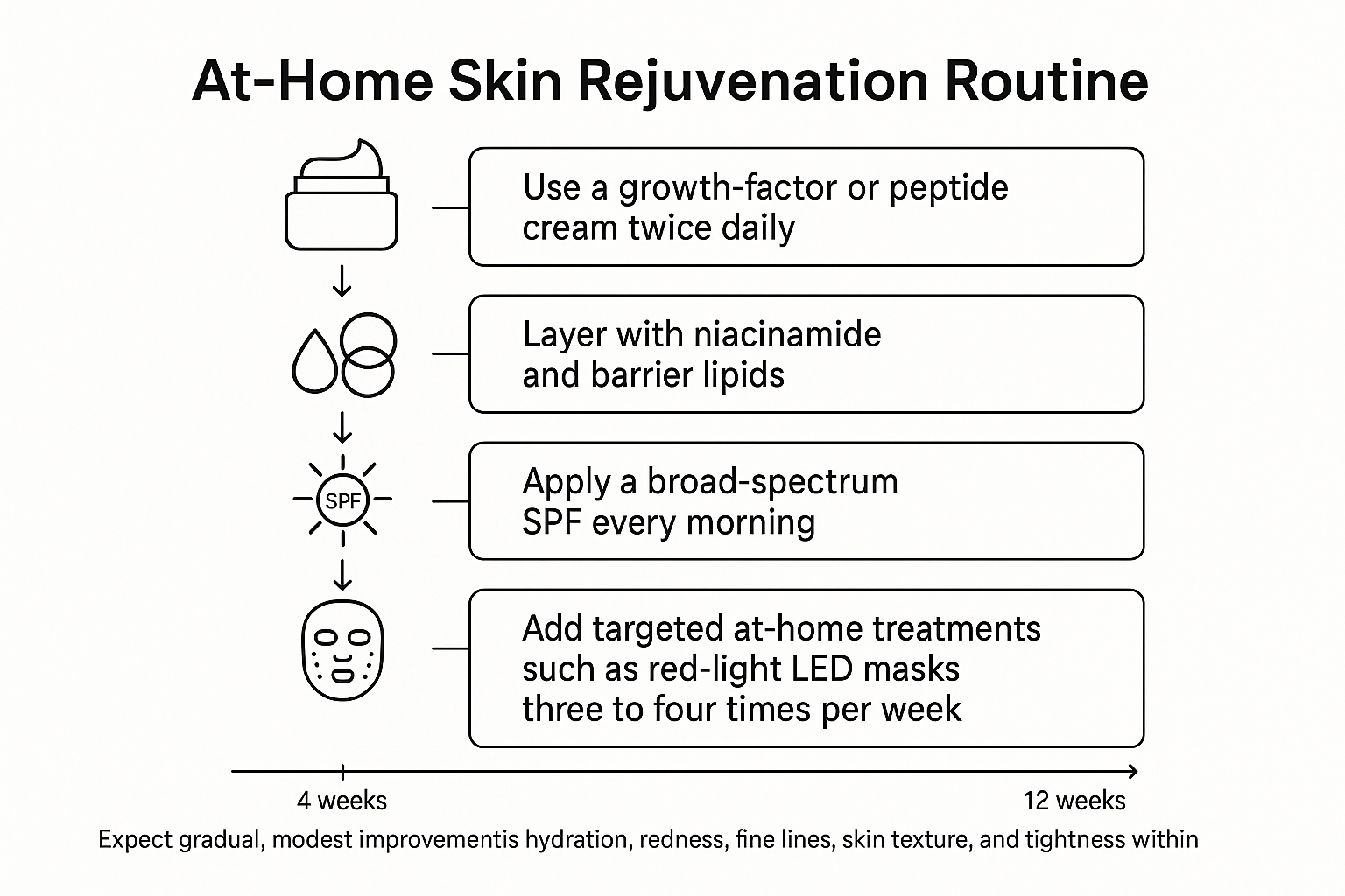 Infographic outlining the exact daily and weekly routine plus 4-12 week improvement timeline for at-home skin rejuvenation