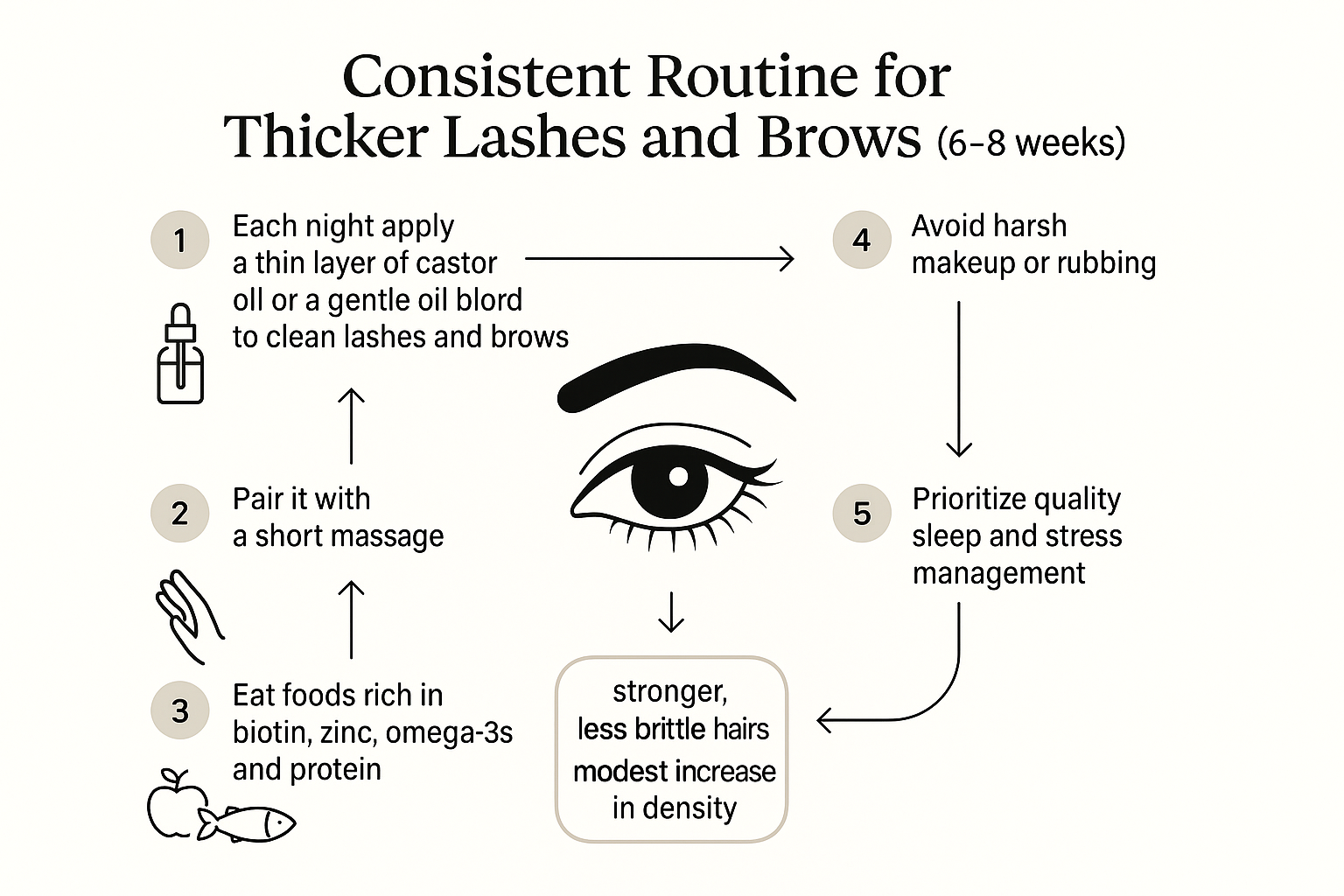 Step-by-step flowchart of the nightly topical dietary and lifestyle habits that support lash and brow growth in 6-8 weeks