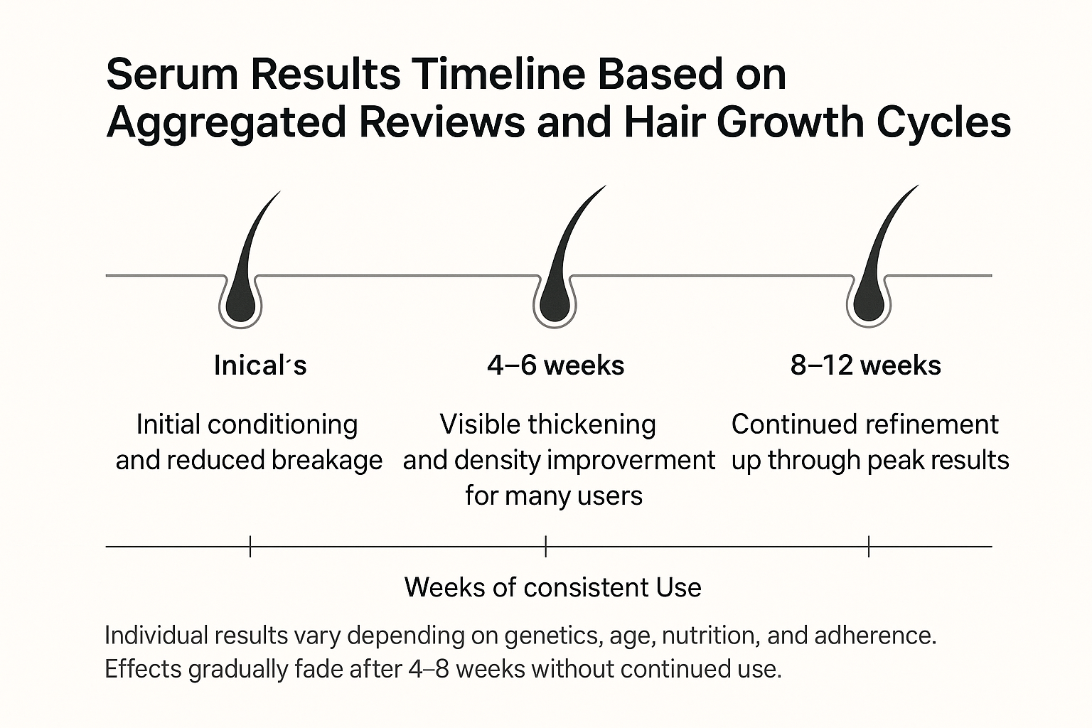 Timeline chart showing lash/brow serum results at 2-4 weeks conditioning, 4-6 weeks thickening, and 8-12 weeks peak