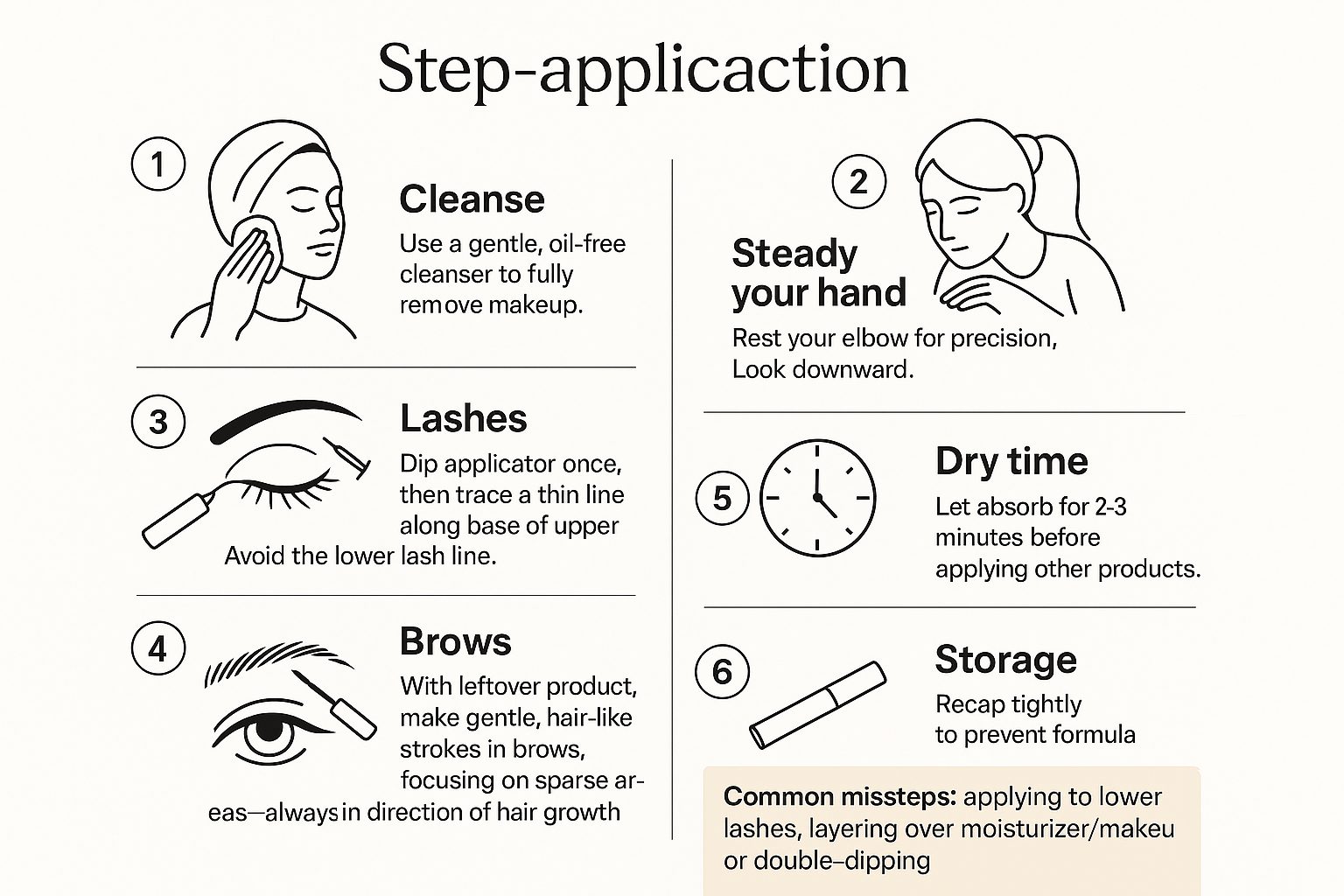 Diagram of the 6 exact steps to apply lash and brow growth serum at night