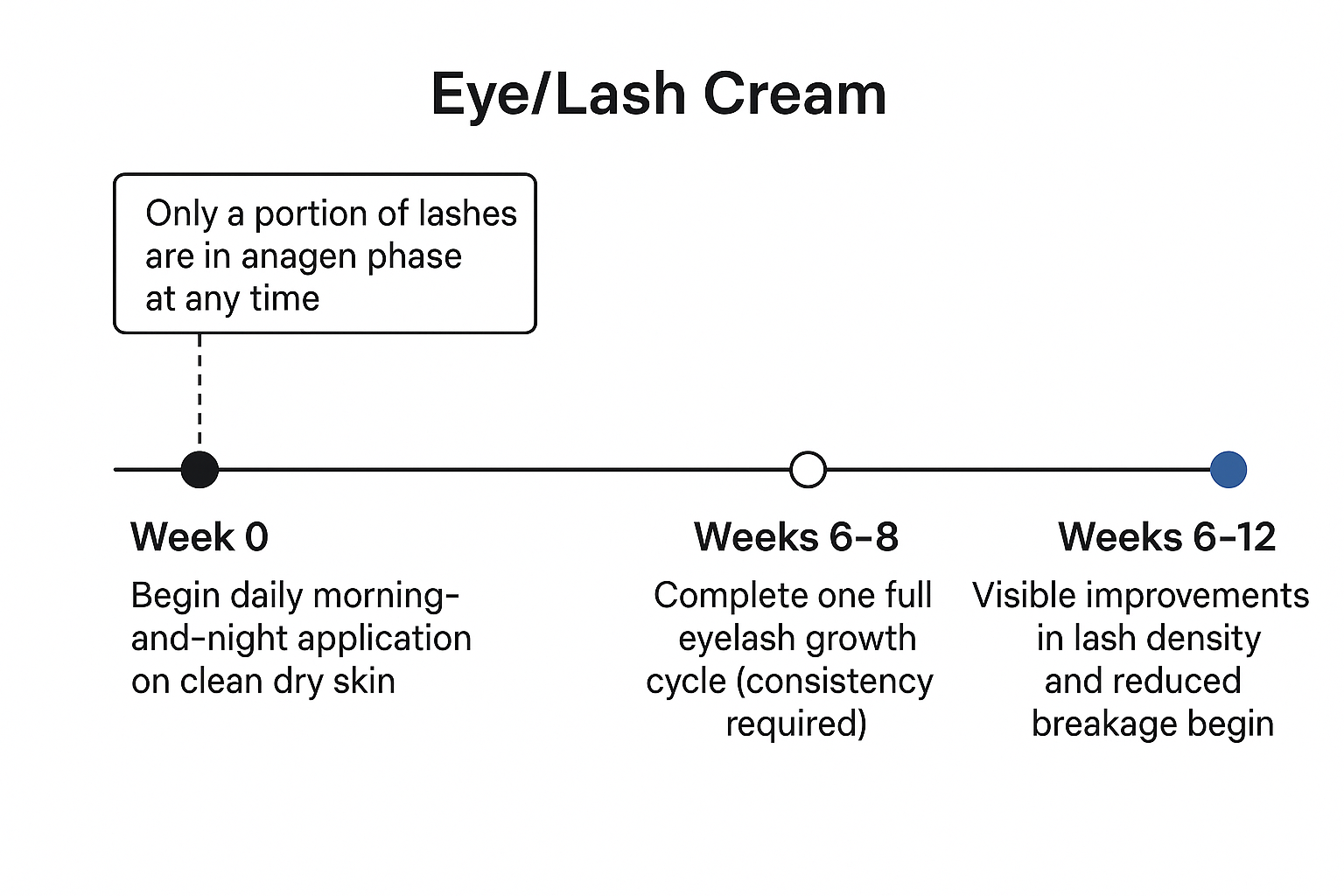 Timeline showing that consistent twice-daily application for a minimum of 6-8 weeks is required to complete one eyelash growth cycle and see results by weeks 6-12