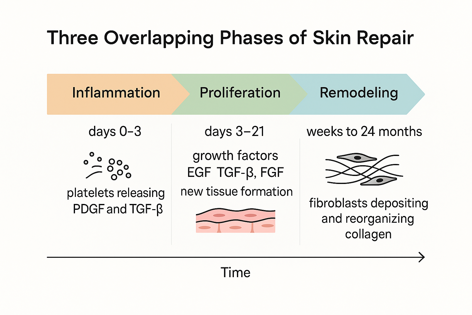 Timeline diagram of skin repair phases: inflammation (days 0–3), proliferation (days 3–21), and remodeling (weeks to 24 months) coordinated by growth factors and fibroblasts.