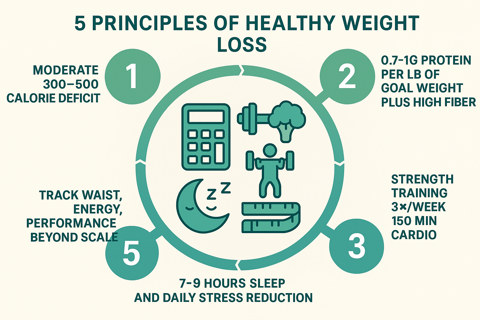 Infographic displaying the five key principles and specific targets for sustainable healthy weight loss