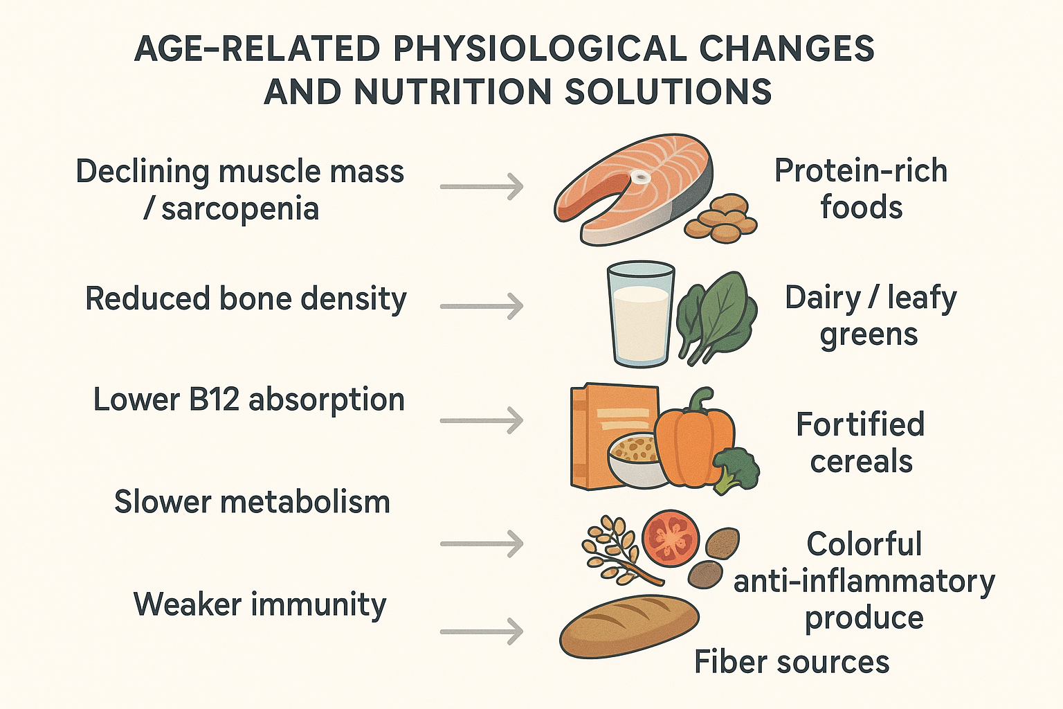 Diagram of age-related changes and how targeted nutrition helps