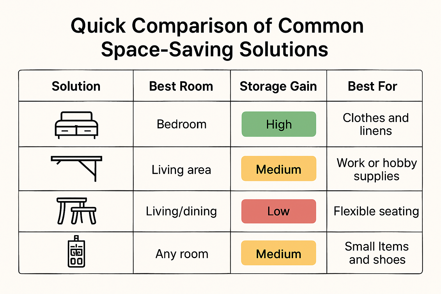 Comparison table infographic showing four space-saving solutions, best rooms to place them, storage gain levels, and best uses.