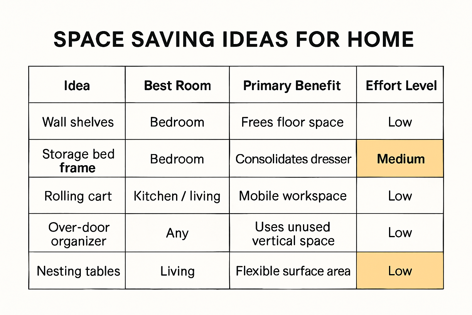 Table infographic showing five space-saving ideas for home with their best room, primary benefit, and effort level from low to medium.