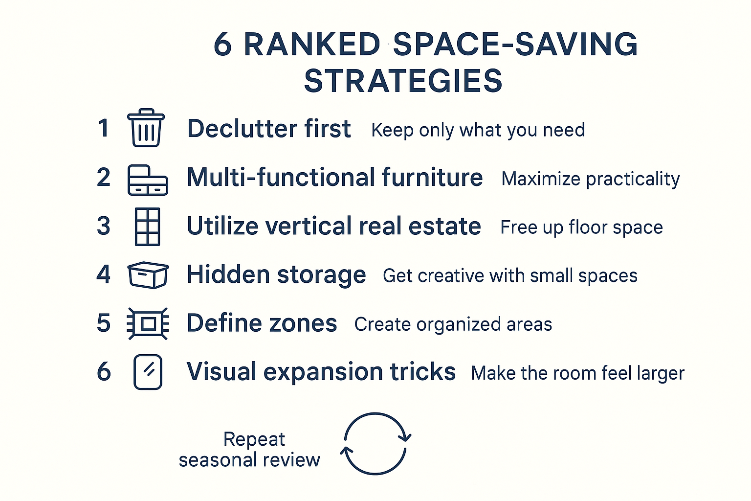 Infographic displaying the six ranked strategies for implementing space-saving ideas