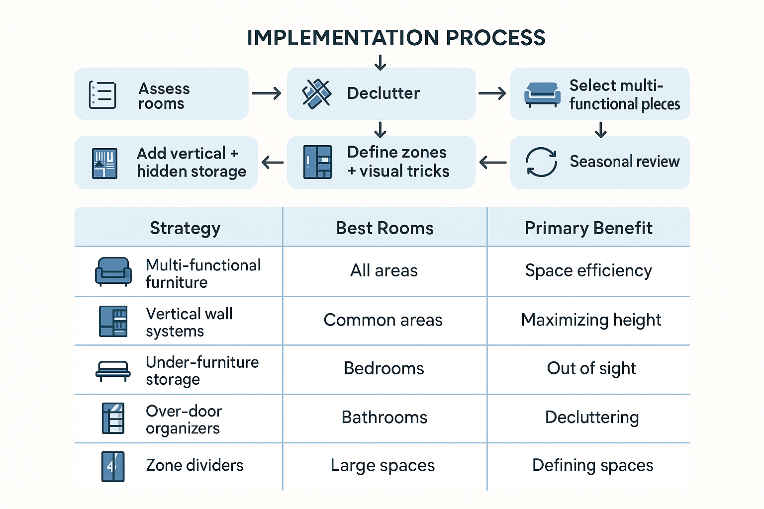Process diagram and strategy summary for space-saving home organization