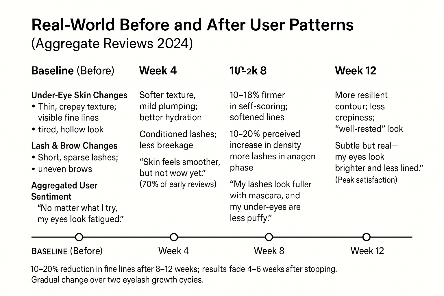 Timeline of under-eye skin and lash improvements from baseline through week 12 showing 10-18% firmness increase and 10-20% density gains