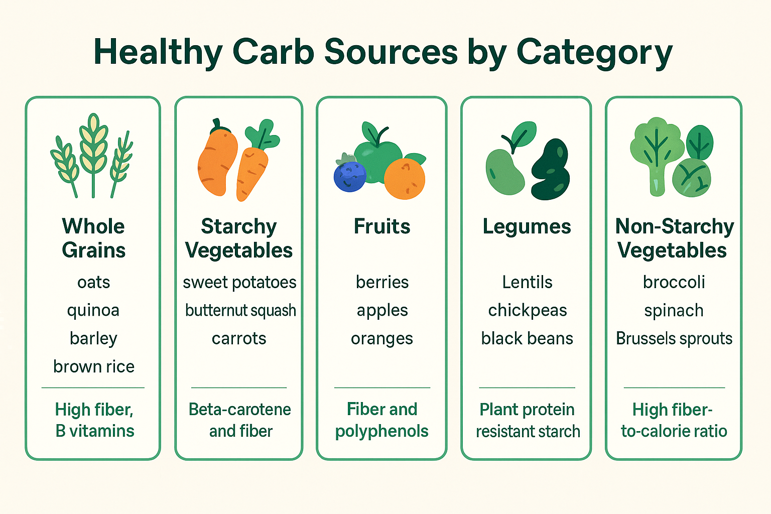 Chart categorizing healthy carbohydrate food sources with examples and benefits