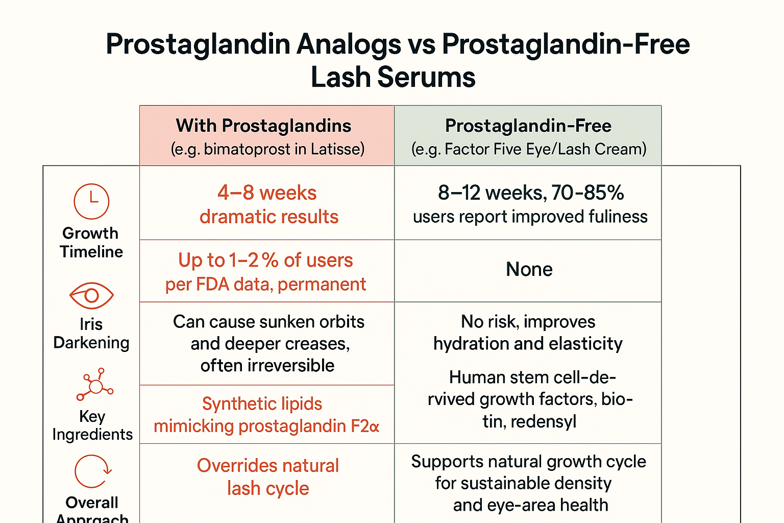 Comparison table showing prostaglandin analogs deliver 4-8 week results but carry up to 1-2% iris darkening risk and fat loss while prostaglandin-free formulas achieve 70-85% user satisfaction in 8-12 weeks with no such side effects and added eye-area benefits.
