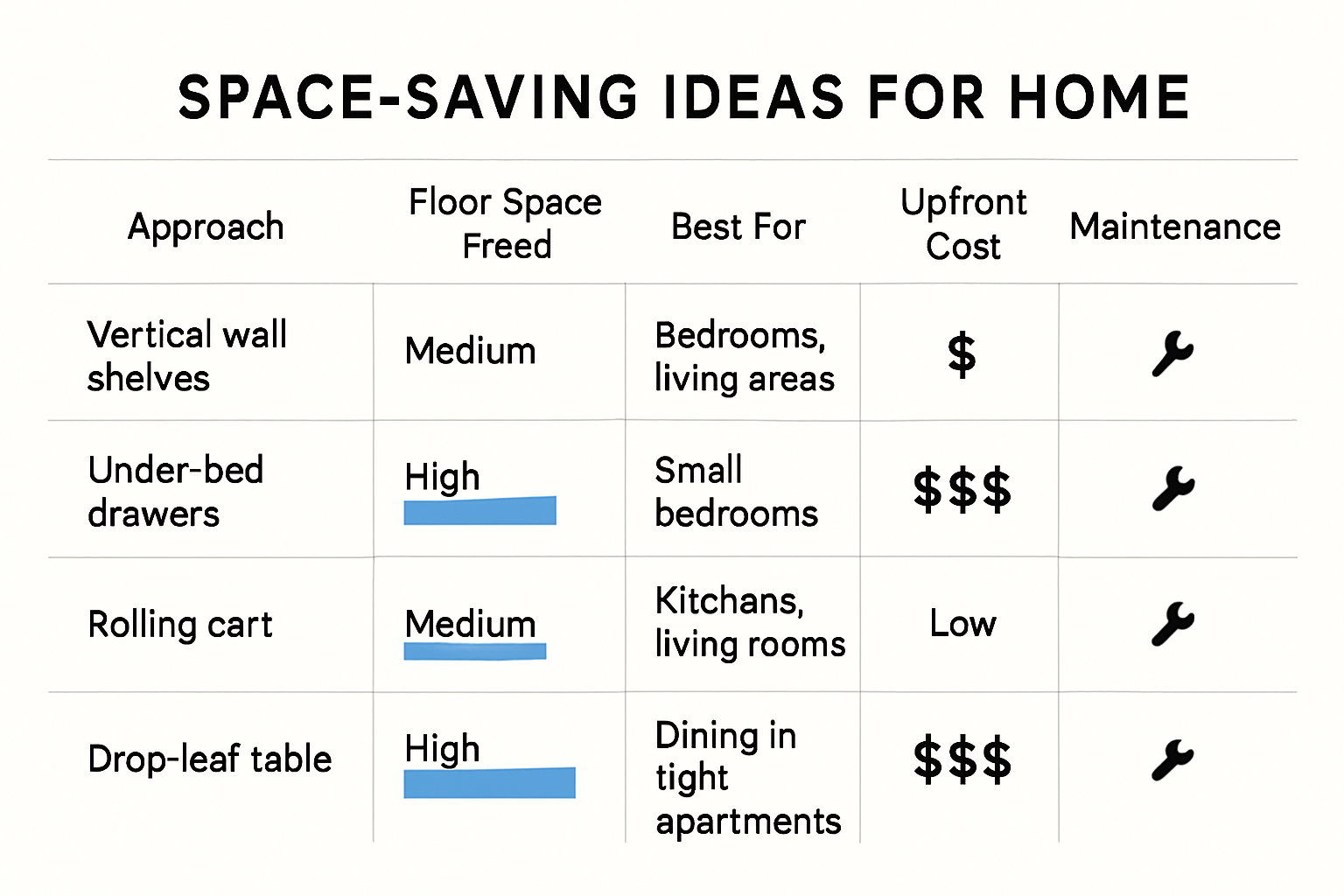 Comparison infographic showing four space-saving furniture approaches with their corresponding floor space freed (Low, Medium, High), best suitable rooms, upfront cost, and maintenance levels.