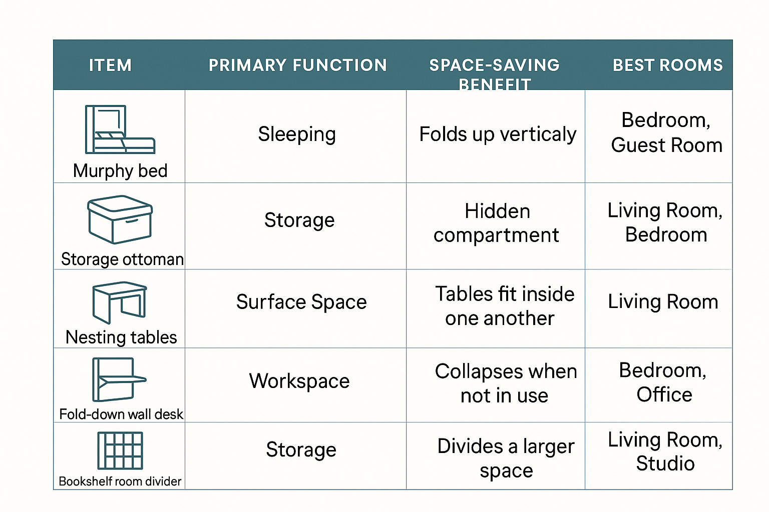 Infographic table of multi-functional space-saving furniture and benefits