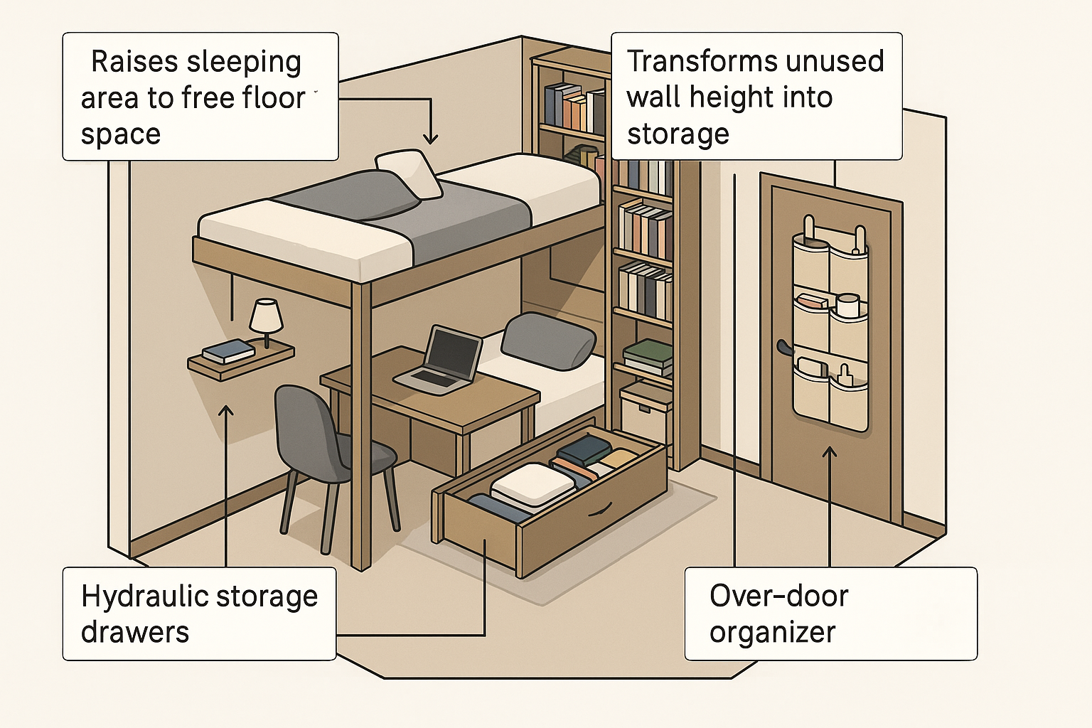 Diagram of vertical and dual-purpose space-saving solutions for small bedrooms