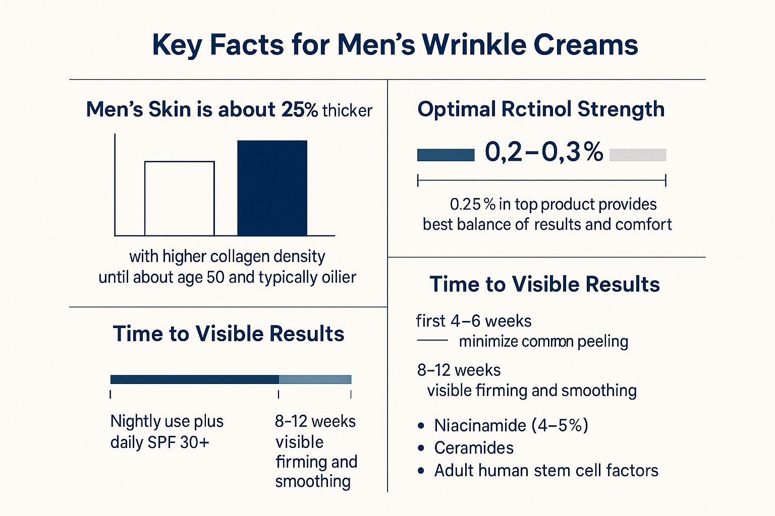 Infographic summarizing men's skin is 25% thicker, optimal retinol at 0.25%, visible improvements in 8-12 weeks, and other key facts from the article