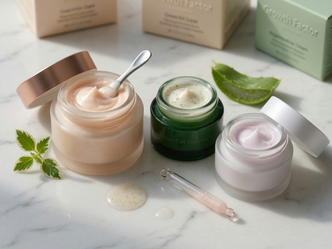 Comparison table showing Factor Five has manufacturer-stated benefits for stem cell growth factors and visible improvements in redness, wrinkles, tightness, thickness, texture and hydration while other creams state none of these