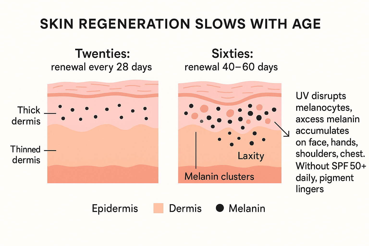 Diagram showing skin cell turnover slows from every 28 days in the twenties to 40-60 days in the sixties, allowing sun spots to accumulate