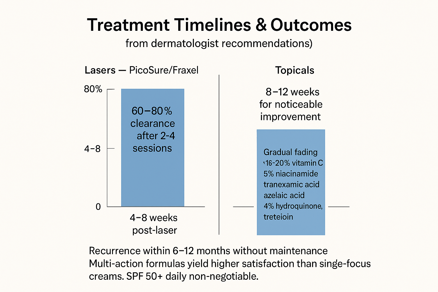 Chart comparing laser treatments achieving 60-80% clearance in 4-8 weeks post 2-4 sessions versus 8-12 weeks for topicals, with recurrence in 6-12 months without maintenance