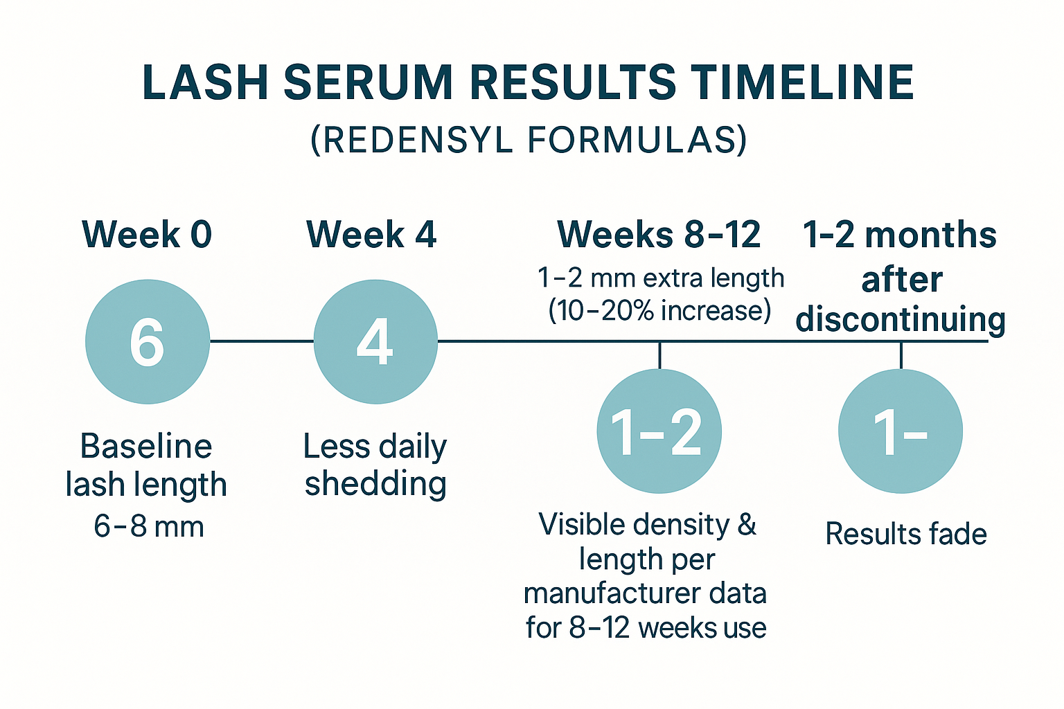 Timeline showing lash serum benefits at week 4, weeks 8-12, and after stopping use with exact article metrics