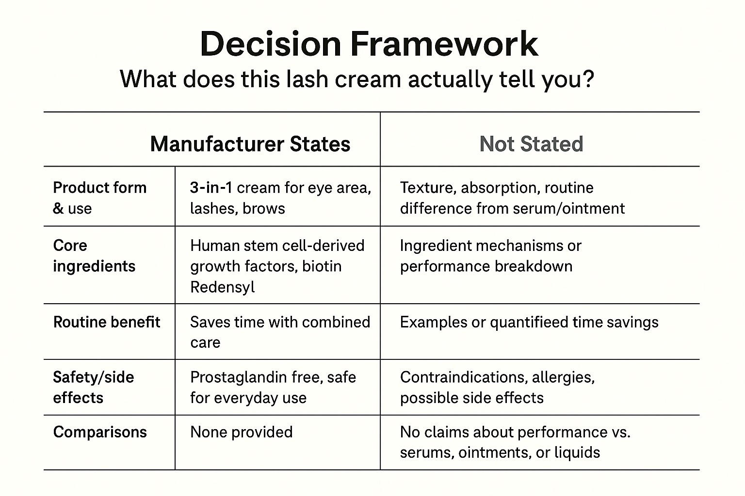 Comparison table detailing exactly what the manufacturer states about the lash cream versus information not stated for each key attribute.