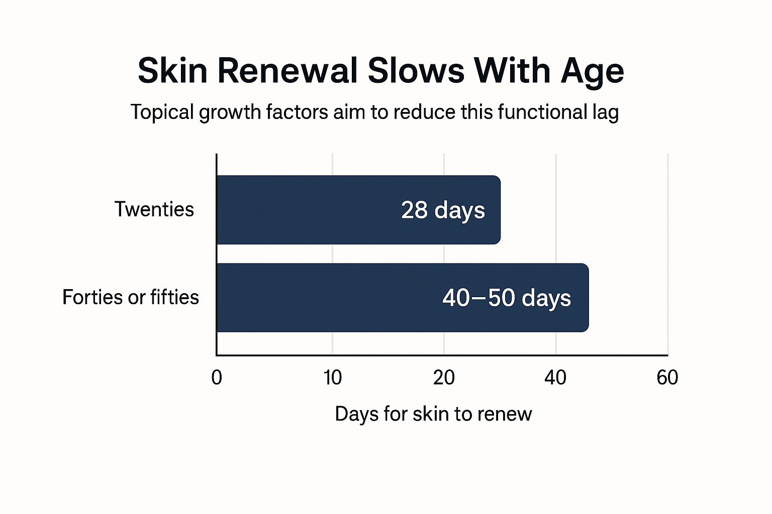 Bar chart showing skin renewal takes 28 days in the twenties but 40-50 days by the forties or fifties
