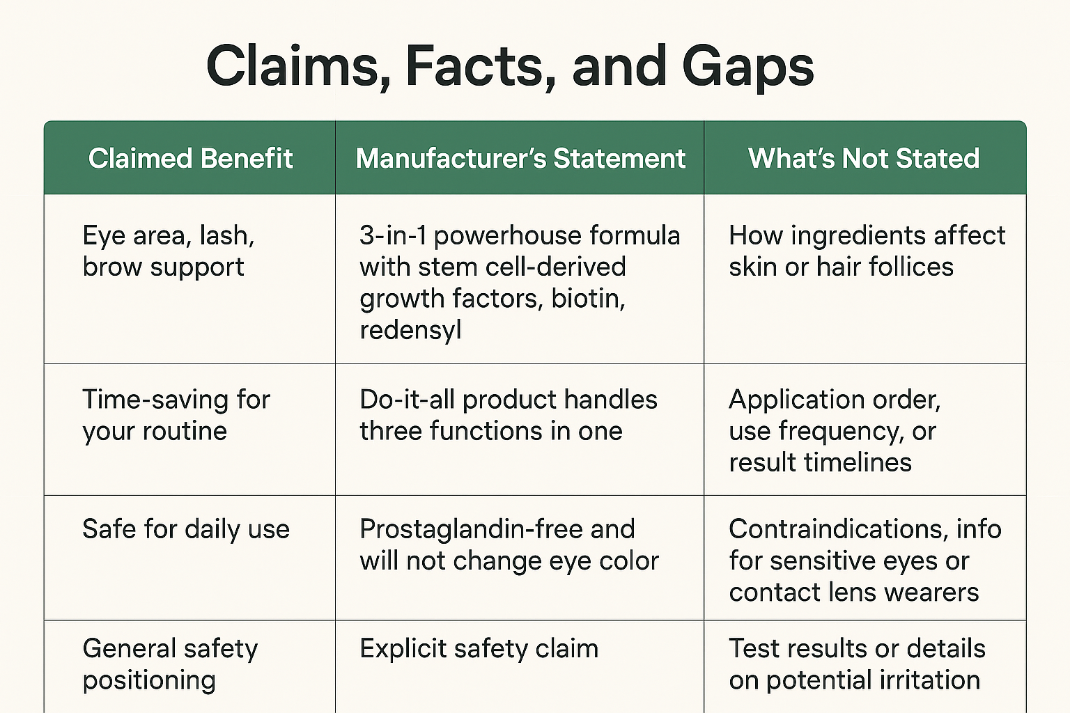 Comparison table showing claimed benefits of the stem cell eye cream against manufacturer statements and information gaps