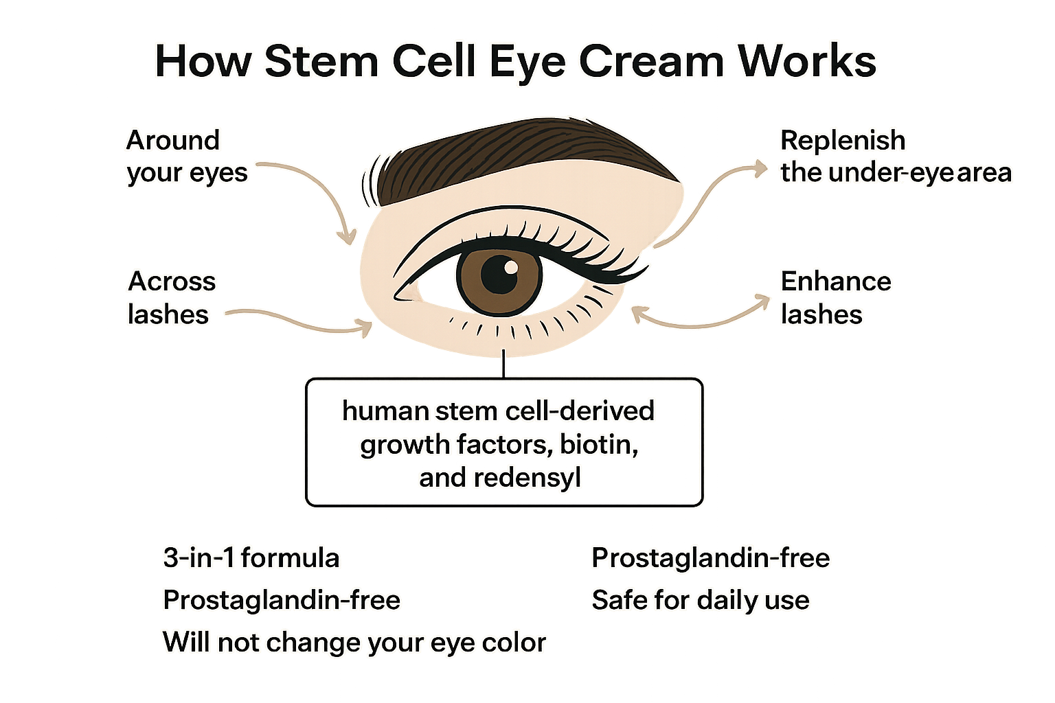 Diagram explaining the 3-in-1 application process and ingredients of stem cell eye cream