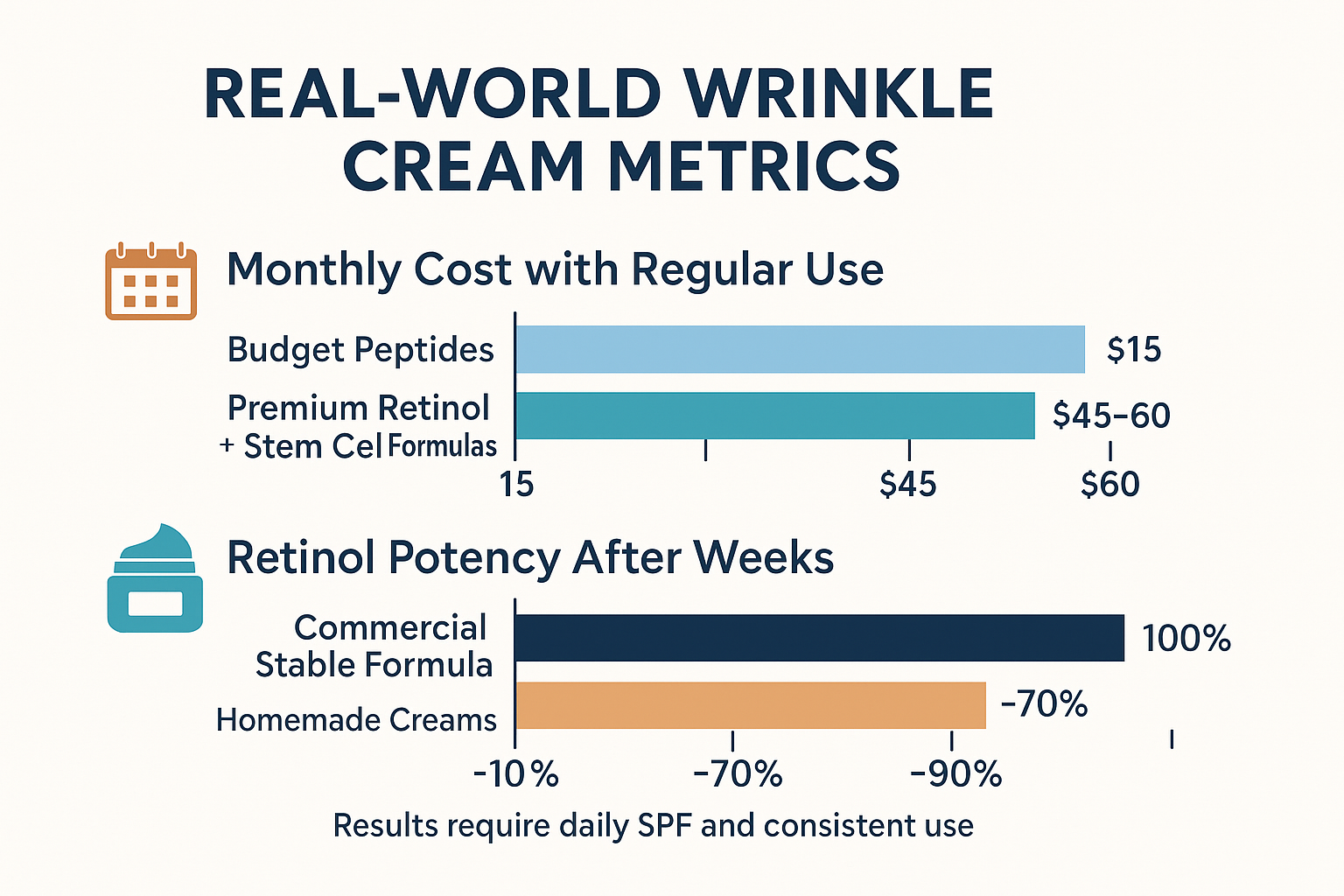 Infographic comparing monthly costs from $15 to $45-60 and showing homemade creams lose 70-90% retinol potency while commercial formulas maintain stability