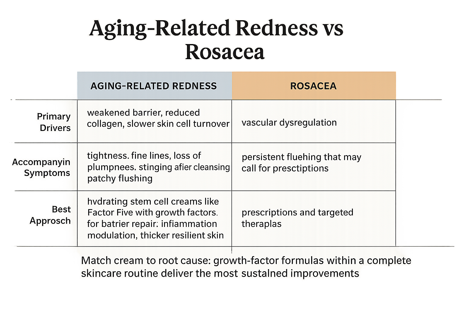 Comparison table showing key differences between aging-related facial redness and rosacea to match treatment to root cause