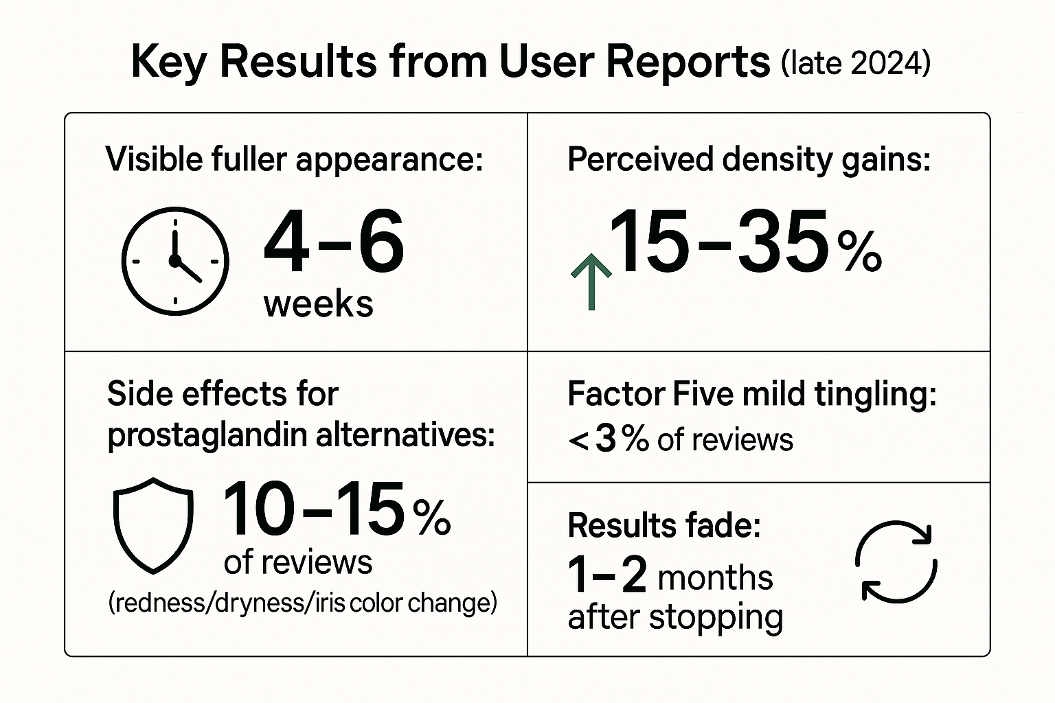 Infographic summarizing realistic outcomes: 15–35% density gains in 4–6 weeks, under 3% side effects for Factor Five, and the need for ongoing use as results fade in 1–2 months