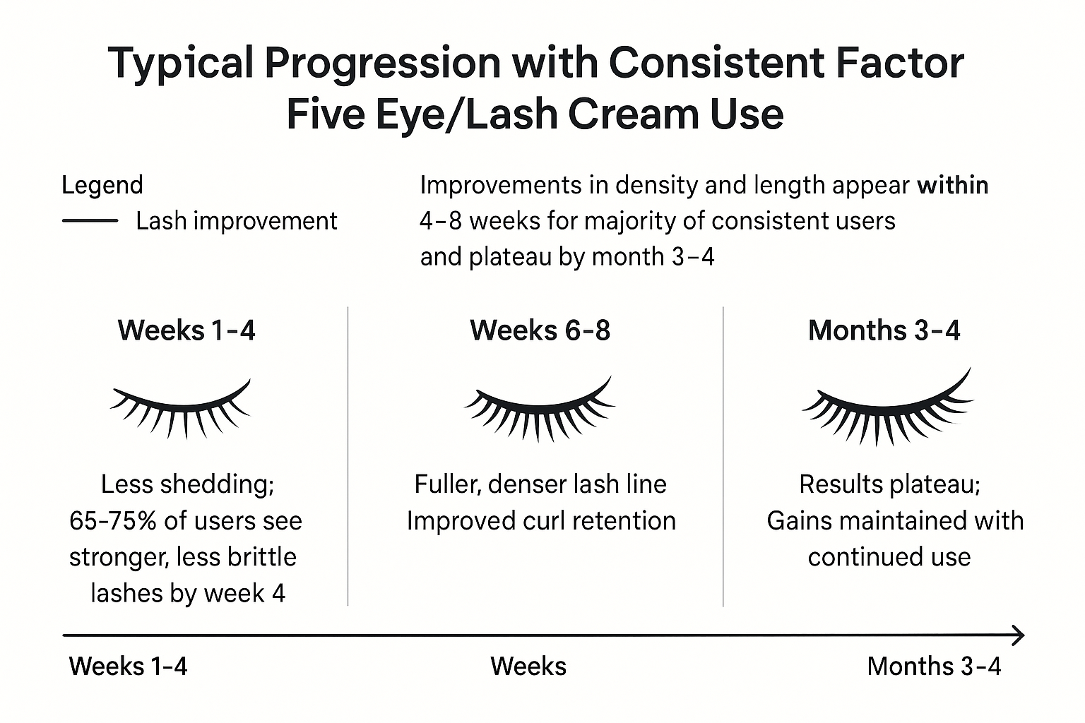 Timeline infographic detailing lash improvement stages from reduced shedding in weeks 1-4 to density gains by weeks 6-8 and plateau at months 3-4