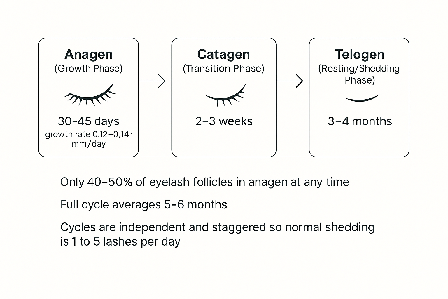 Flowchart showing the three eyelash growth phases with exact durations from the article