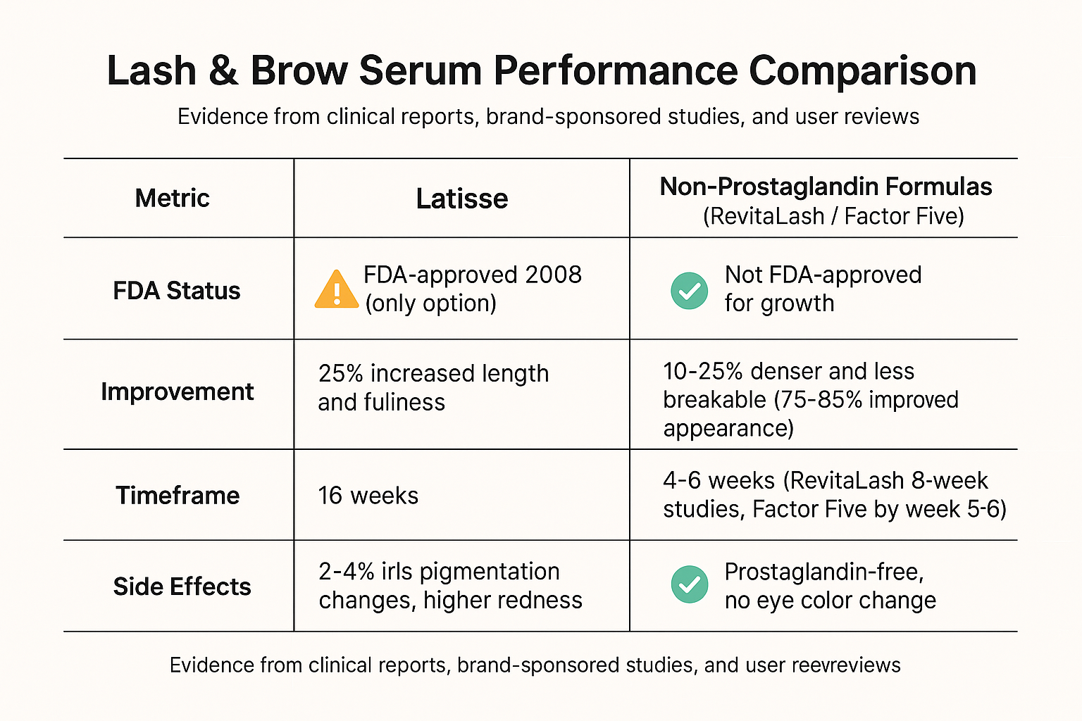 Comparison table showing Latisse 25% improvement at 16 weeks with 2-4% iris change risk versus non-prostaglandin formulas delivering 10-25% denser results in 4-6 weeks with no color change