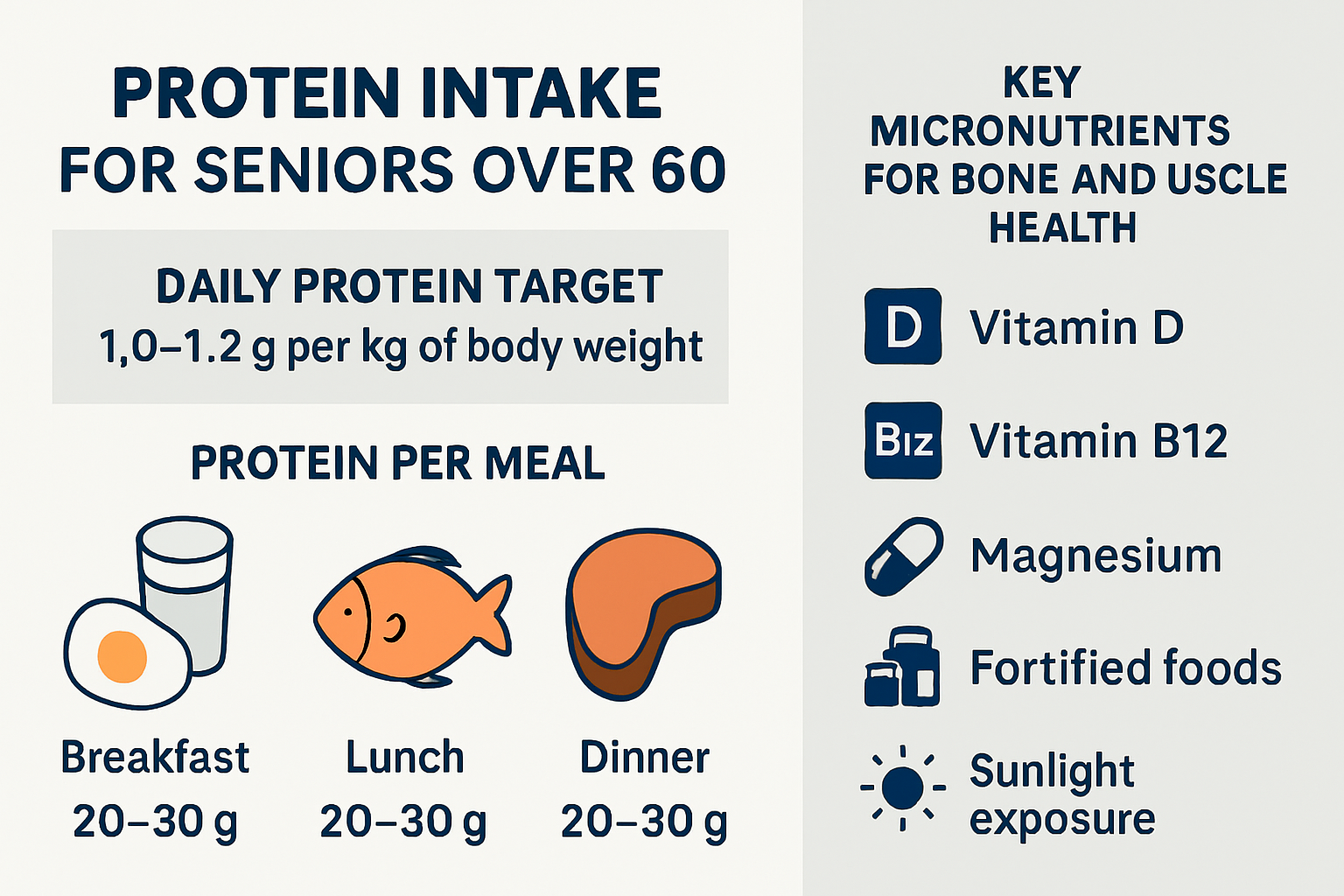 Infographic showing protein intake recommendations for seniors: 1.0 to 1.2 grams per kilogram body weight daily, divided into 20–30 grams per each of three meals (breakfast, lunch, dinner), with visual icons of eggs, dairy, fish, and lean meats. Sidebar lists micronutrients vitamin D, B12, and magnesium with sources.