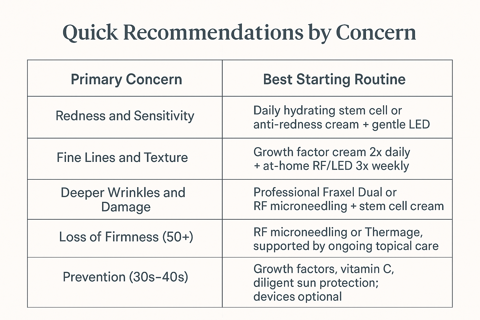 Infographic table showing tailored skin rejuvenation routines matched to specific concerns such as redness, fine lines, deeper wrinkles, loss of firmness, and prevention.