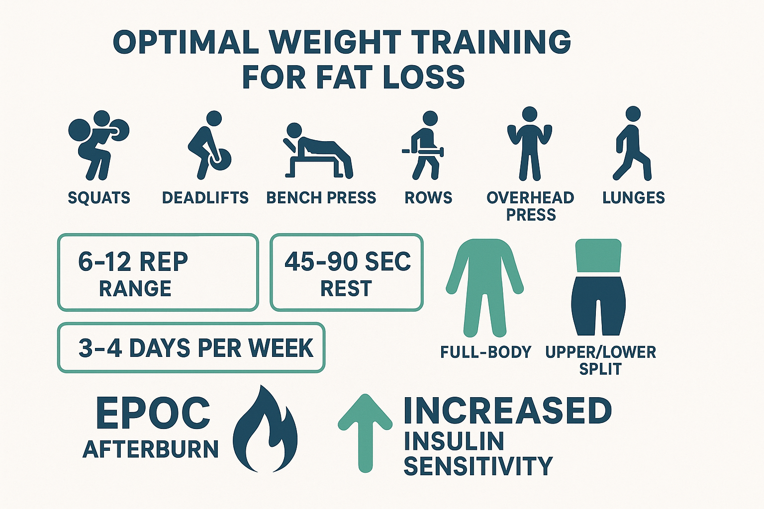 Infographic of best weight training variables for fat loss including exercises, rep ranges, and weekly splits