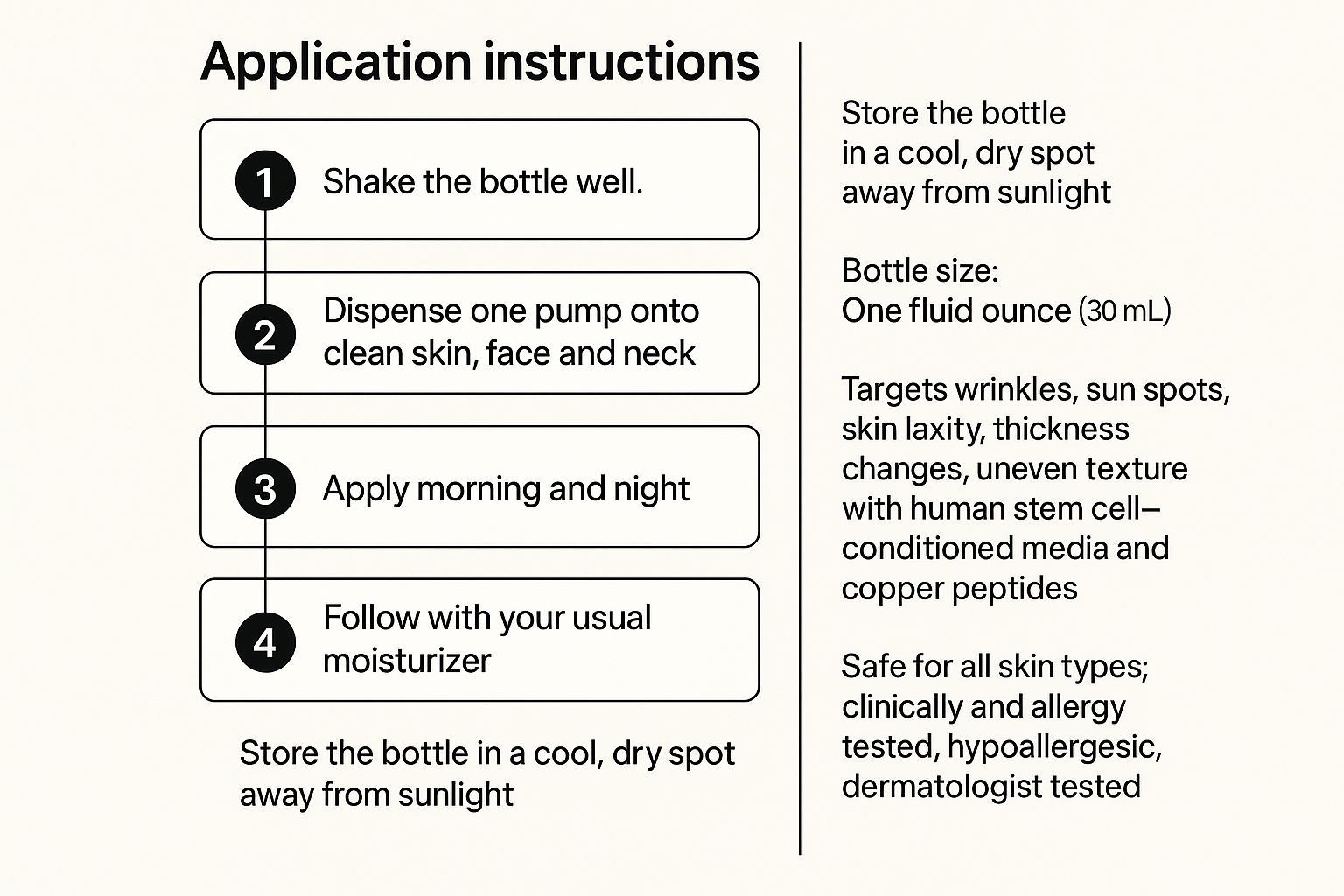 Infographic listing the exact four application steps for FACTORFIVE Regenerative Serum plus storage and usage facts