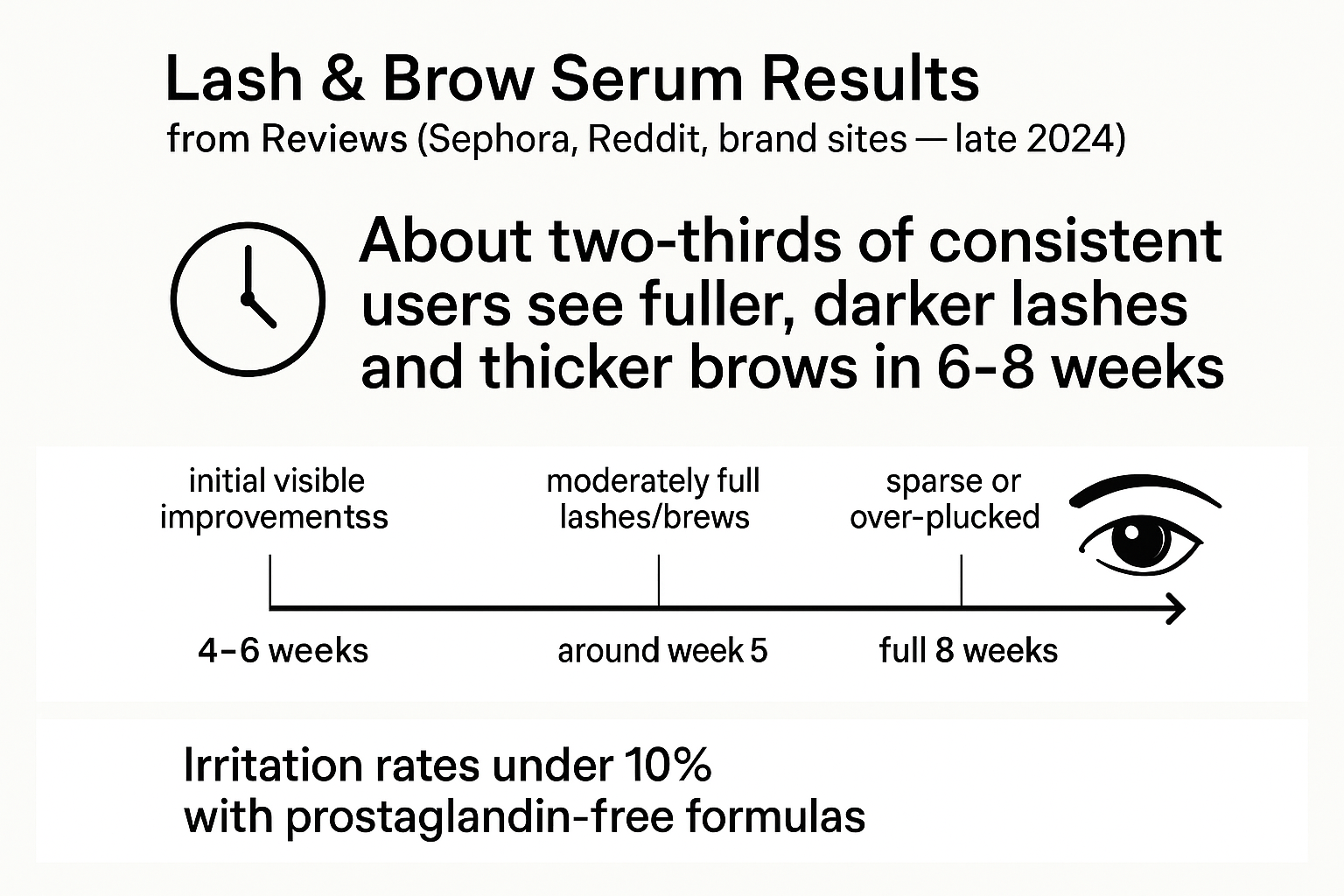 Infographic displaying that about two-thirds of users see fuller lashes and brows in 6-8 weeks along with timeline and irritation rate