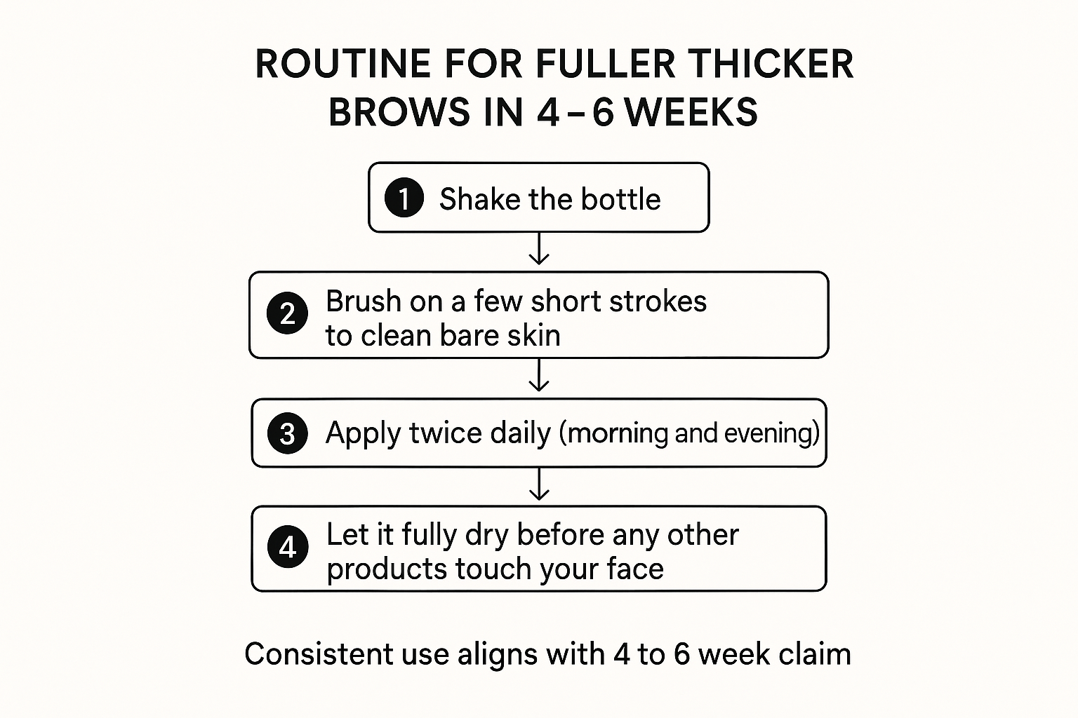 Step-by-step diagram of the twice daily brow growth serum application routine for claimed results in 4-6 weeks