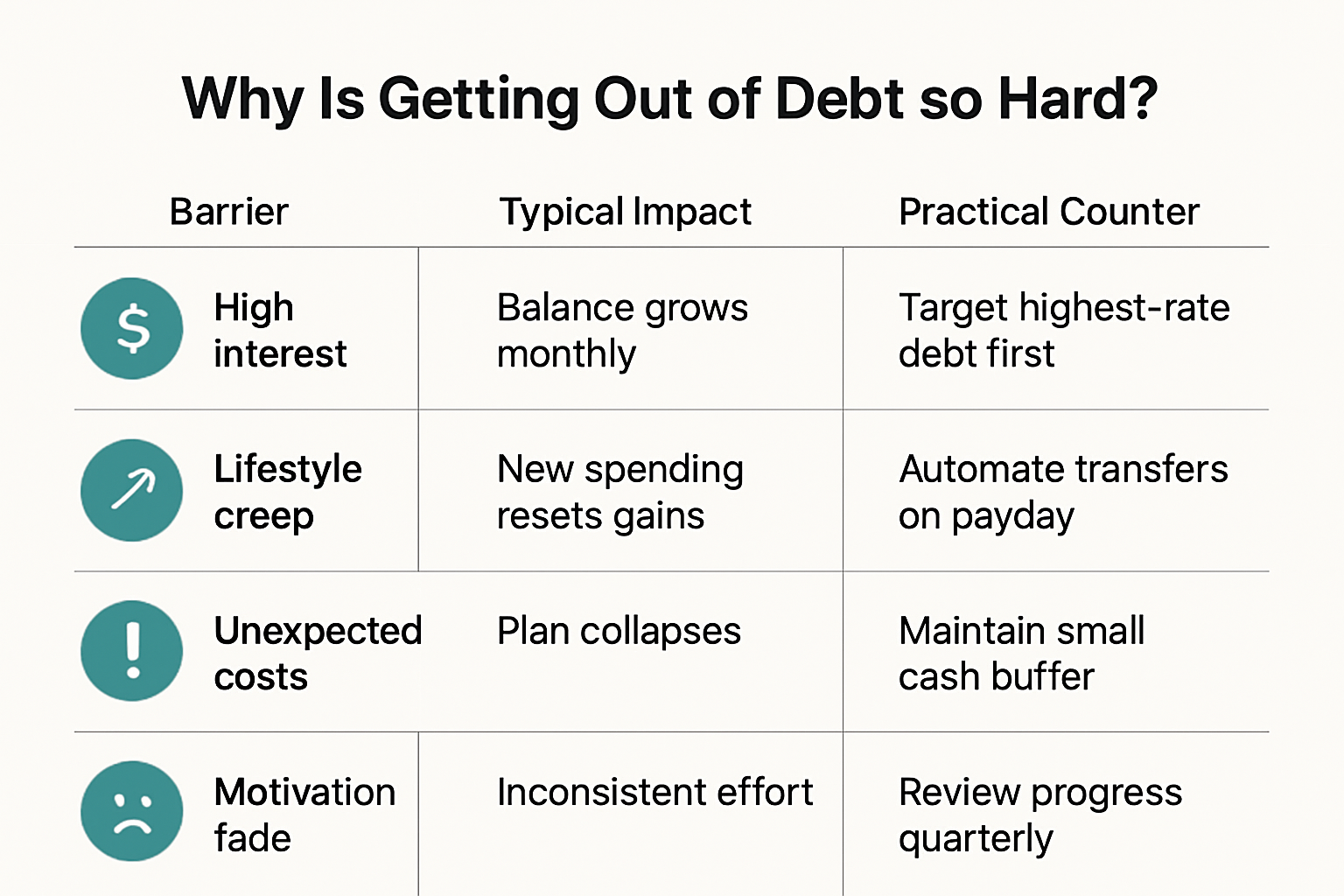 Infographic showing four common barriers to debt payoff challenges, their typical impacts, and practical counters.